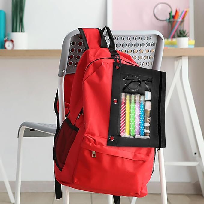 Ochido Pencil Pouch for 3 Ring Binder Bulk, 30 Pack in Black, Sturdy and Durable 3-Hole Binder Cloth Pencil Bag, Zipper Pencil Case with Clear Window for Storing School Office Supplies