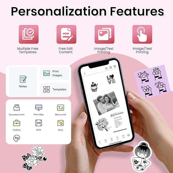 Inkless Sticker Printer, Print Pods Mini Printer Compatible with Phone & Tablet, Mini Sticker Printer with Stickers, M02L Portable Thermal Printer for Study Notes, Print Pictures & Photos, Journals
