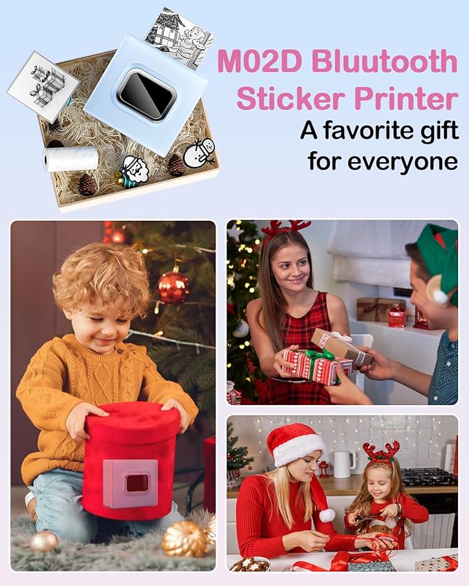Sticker Printer - Portable Mini Sticker Maker Machine, M02D Print Pod with Tape, Bluetooth Thermal Pocket Printer for Kids School Study Item, Graphics Notes, List, Study, Gift, Photo