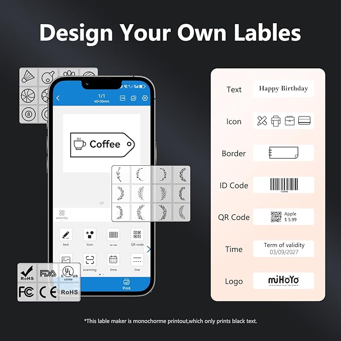 Wireless Mini Retro Label Maker Machine with Tape,Bluetooth Portable Thermal Sticker Printer for Phone,Small Business, Address, Logo, Qr Code, Food,Home, Kitchen,with 50×30mm Label (White)