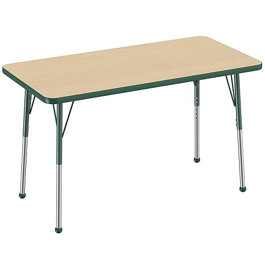 Factory Direct Partners FDP Rectangle Activity School and Office Table (24 x 48 inch), Standard Legs with Ball Glides, Adjustable Height 19-30 inches - Maple Top and Green Edge