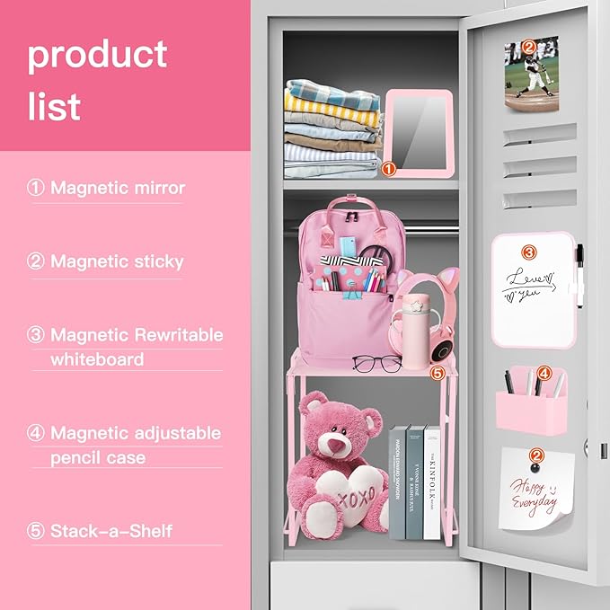 Locker Organizer and Accessories Kit, Includes Metal Locker Shelf, Magnetic Mirror, Pen Holder, Whiteboard, Markers, Magnets, Back to School Essentials Locker Decorations,Office,Gym Lockers (Pink)