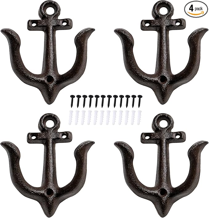 Notakia Decorative Wall Hooks Mounted Antique Shabby Chic Metal Cast Iron Nautical Anchor Design Hooks Hanger, Vintage Rustic Cast Iron Wall Hooks,Screws Included (Brown Anchor 4Pcs)