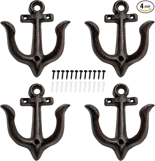 Notakia Decorative Wall Hooks Mounted Antique Shabby Chic Metal Cast Iron Nautical Anchor Design Hooks Hanger, Vintage Rustic Cast Iron Wall Hooks,Screws Included (Brown Anchor 4Pcs)