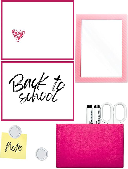 Magnetic Locker Accessories Kit - 5pcs With Mirror, Dry Erase Board, Pen Holder, Magnets for School, Refrigerator, Office Cabinet (Pink)