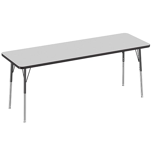 FDP Rectangle Activity School and Office Table (24 x 72 inch), Standard Legs with Swivel Glides, Adjustable Height 19-30 inches - Gray Top and Black Edge