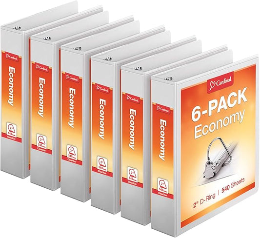 Tops Cardinal Economy 3-Ring Binders, 2", Slant-D Rings, Holds 540 Sheets, ClearVue Presentation View, Non-Stick, White, Carton of 6 (90761)