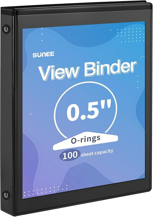 SUNEE 3 Ring Binder 1/2 Inch 1 Pack, Clear View Binder Three Ring PVC-Free (Fit 8.5x11 Inches) for School or Office Supplies, Black