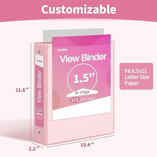 SUNEE 3 Ring Binder 1.5 Inch 1 Pack, Clear View Binder Three Ring PVC-Free (Fit 8.5x11 Inches) for School or Office Supplies, Pink