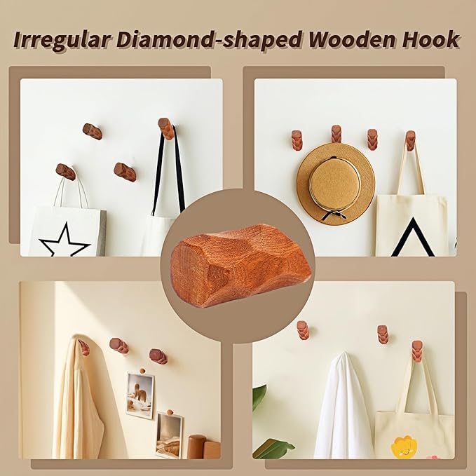 Solid Wood Wall Hooks 4 Pack - Non-Slip Rhombus Screw-Mounted Hangers, Heavy Duty Multi-Use Decorative hat Hooks for Bathroom, Kitchen, Entryway (Fits Various Wall Surfaces) (Black Walnut)