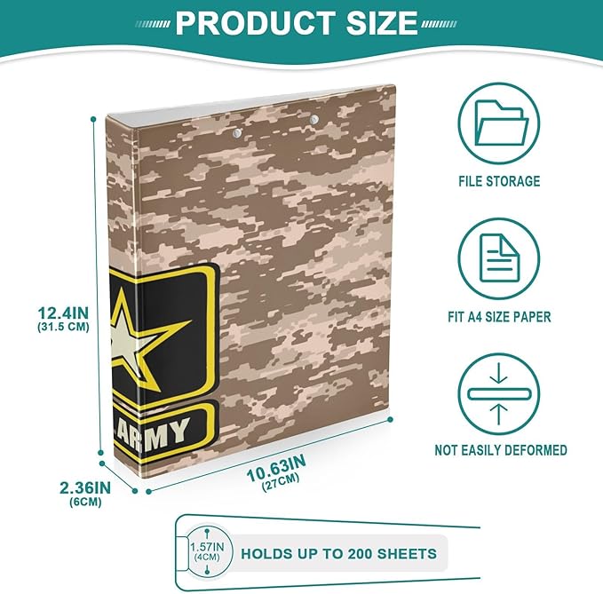 Camo Army USA Decorative 3 Ring Binder 1.5 Inch Large View Binders with Pockets Holds 200 Sheets File Organizer for Office College School, 2 Pack