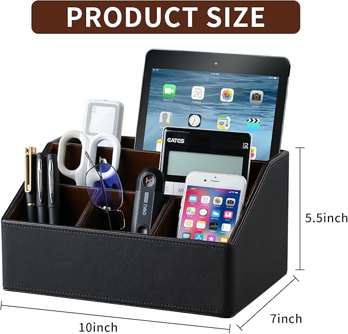 Remote Control Holder with 5 Compartments for Office Art Supplies, PU Leather Nightstand Organizer Pencil Pen Desk Caddy for Home, Desktop TV Remote Control Organizer Storage (Black)