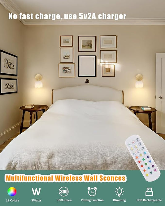Vintage Battery Operated Wall Sconce with White Tulip Glass Lampshade 5000 mAh Rechargeable Battery Powered Wall Light with Remote Control for Bedside Bedroom Doorway, Set of 2