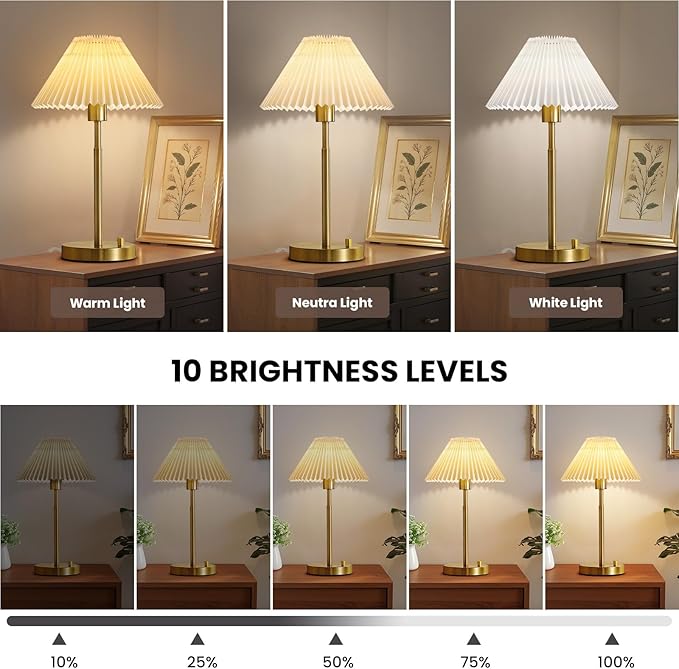 Bedside Table Lamp Set of 2: Dimmable Nightstand Bedside Lamps with USB A and C Ports, Modern Metal and Pleated Fabric Shade Gold Desk Lamp for Home Office Bedroom Living Room Reading