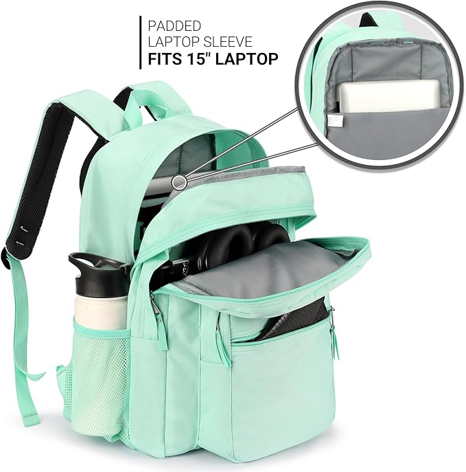 ZORFIN 26L Backpack for School, College, and Travel: Water Resistant Bookbag with 8 Compartments - Mint