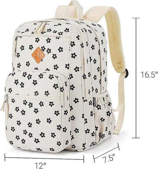 ZORFIN 26L Backpack for School, College, and Travel: Corduroy Bookbag with 8 Compartments - Floral