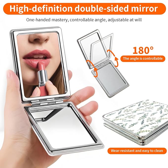 Compact Pocket Mirror, Cute Travel Mini Mirror with Magnification, Foldable Double-Sided Portable Cosmetic Mirror for Men, Women Green Leaf