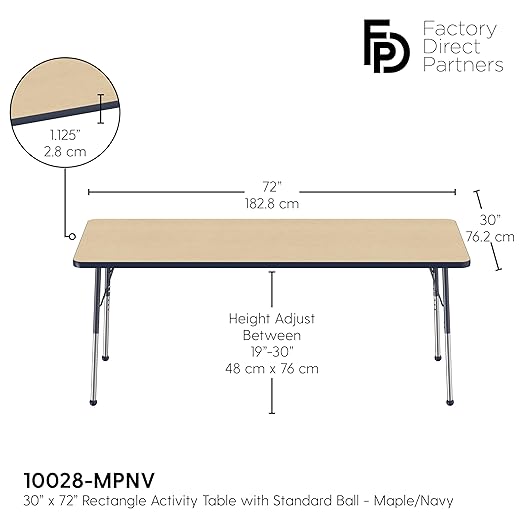 FDP Rectangle Activity School and Office Table (30 x 72 inch), Standard Legs with Ball Glides, Adjustable Height 19-30 inches - Maple Top and Navy Edge