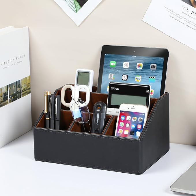 Remote Control Holder with 5 Compartments for Office Art Supplies, PU Leather Nightstand Organizer Pencil Pen Desk Caddy for Home, Desktop TV Remote Control Organizer Storage (Black)