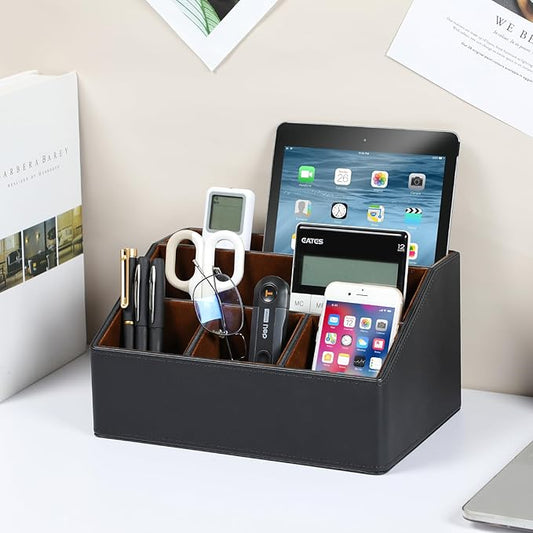 Remote Control Holder with 5 Compartments for Office Art Supplies, PU Leather Nightstand Organizer Pencil Pen Desk Caddy for Home, Desktop TV Remote Control Organizer Storage (Black)
