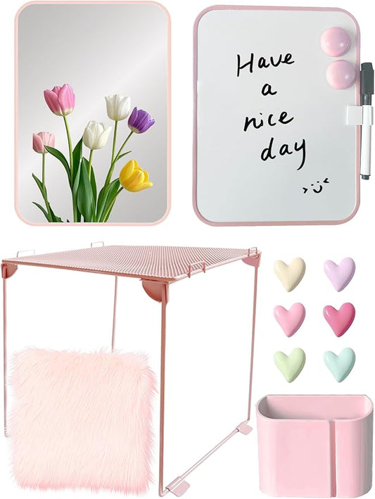 14 Pcs Pink Locker Accessories Kit with Locker Shelf Locker Organizer for Girls, Magnetic Whiteboard Magnet Locker Mirror Rug Pen Holder Heart Magnets, Back to School Kit for Locker Decor Office