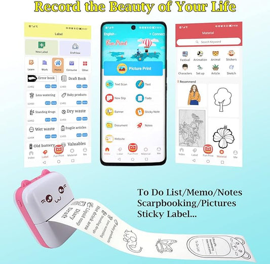 Mini Pocket Printer, Portable Thermal Printer with 8 Rolls Printing Paper, Bluetooth Wireless Tiny Printer for Photos/Stickers/Labels/Notes/Receipts, Compatible with iOS and Android, Pink