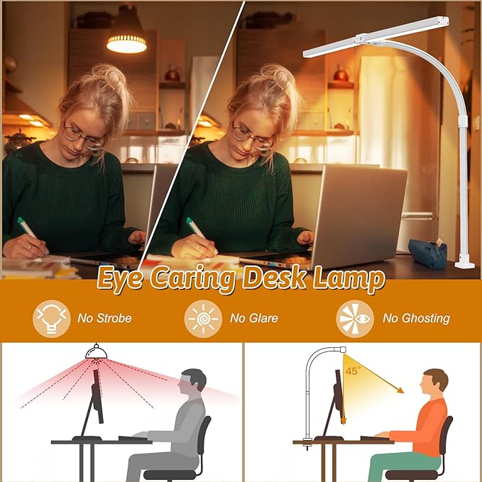LED Desk Lamp for Office Dorm Home - Eye Caring Desk Light with Timer, Remote Control 24W 5 Color Brightest Dual Screen Computer Monitor Gooseneck Dimmable Table lamp with Anti-Glare Cover Base