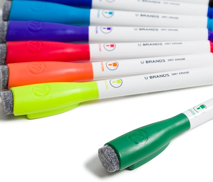 U Brands Fine Tip Dry Erase Markers with Eraser Set of 13, Includes 8 Whiteboard Markers, 4 Magnets and 1 Eraser