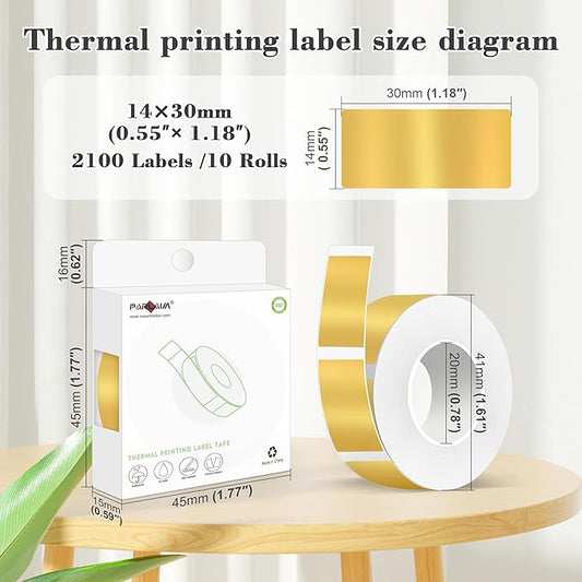 PARLAIM Label Maker Tape,Thermal Label 0.55"X1.18",Thermal Sticker Compatible with D30 Label Printer,Self-Adhesive Sticker Tape for for Home Office Small Business,2100Labels/10Rolls(Gold)