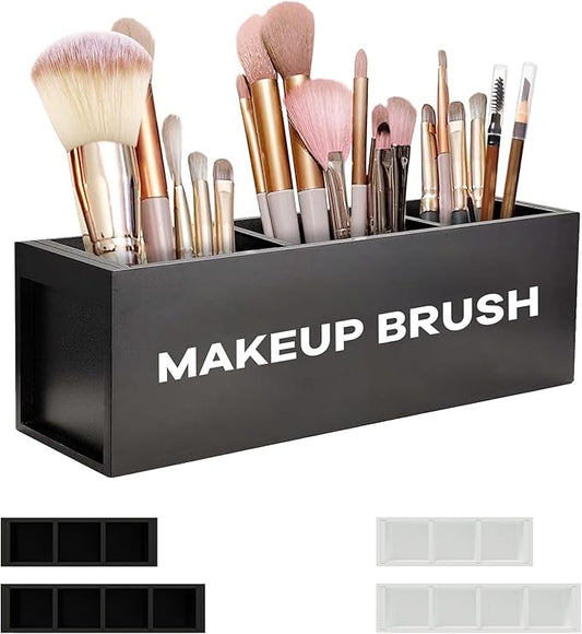 Suli Large Makeup Brush Holder Organizer, Wooden Cosmetic Brushes Storage with 3 Slots, Eyeliners Display Case for Vanity Desktop Bathroom Countertop -Black