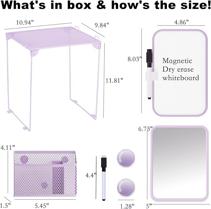 Locker Accessories with Locker Shelf, Magnetic Mirror, Magnetic Pen Holder, Magnetic Small Whiteboard, Back to School Essentials Locker Decorations, 7 Piece Locker Organizer for Work, Purple