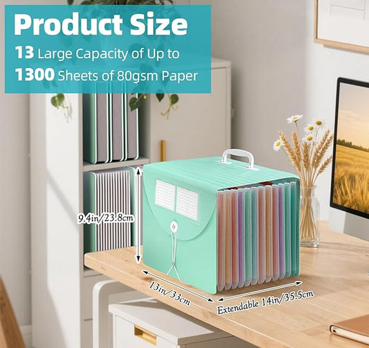 13 Pocket Accordion File Organizer,Wheat Straw Expanding File Folder with Index Tabs and Colorful Inner Design,A4/Letter Paper Document Storage Organizer for Home School Office Supplies