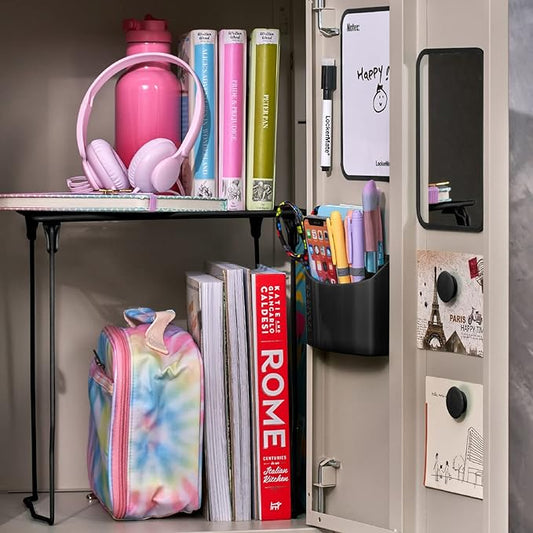LockerMate 7-Piece Locker Organizer Kit, Includes Locker Shelf, Mirror, Whiteboard, Storage Cup & Dry Erase Marker - Black