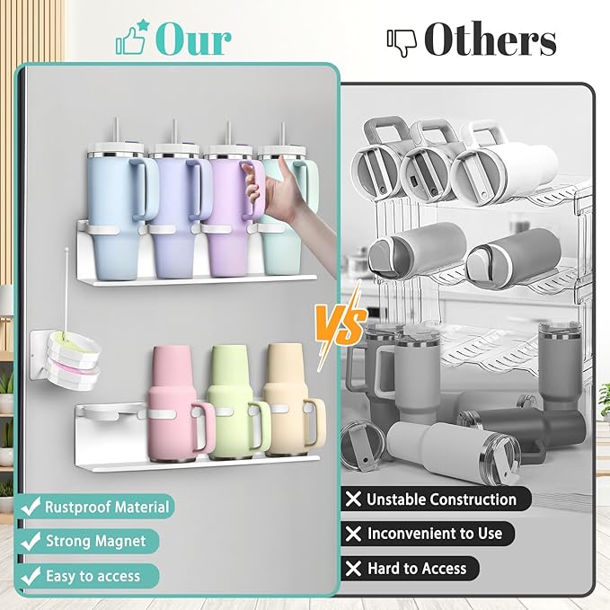 2Pcs Magnetic Water Bottle Organizer for Stanley 30 40 oz Tumbler and Lid Magnetic Cup Holder Heavy Duty Tumbler Storage Organizer Drink Accessories Kitchen Cup Storage Rack for Fridge Cabinets Gifts