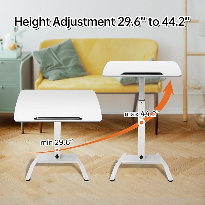 Mobile Standing Desk with 45° Tilting Desktop, Portable Rolling Standing, Height Adjustable Sit Stand Foldable with Wheels, Mobile Desk Workstation for Home Office (White, Small)
