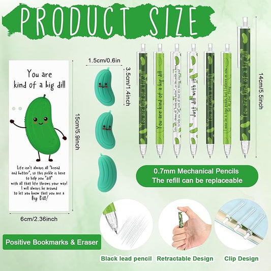 60 Sets Inspirational Pickle Gifts Bulk 6 Styles 0.7 mm Motivational Mechanical Pencils with Erasers Positive Cards Back to School Gifts for Student Teacher Coworker Office Supplies