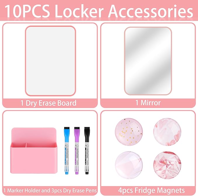 HAUTOCO Locker Accessories Kit, Back to School Essentials 10 Pieces Locker Organizer Supplies for School Work, Includes Whiteboard, Mirror, Magnetic Dry Erase Markers Holder and More, Pink