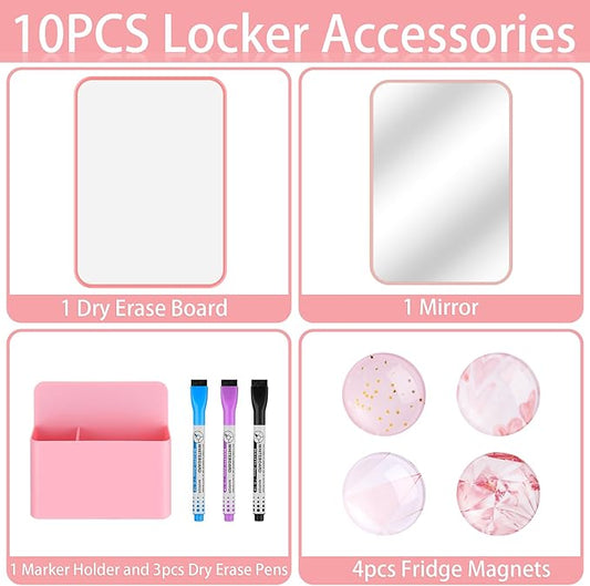 HAUTOCO Locker Accessories Kit, Back to School Essentials 10 Pieces Locker Organizer Supplies for School Work, Includes Whiteboard, Mirror, Magnetic Dry Erase Markers Holder and More, Pink