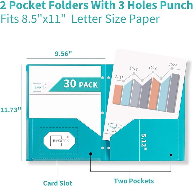 Binditek 30 Pack Heavyduty Plastic Folders with Clear Front Pockets, 2-Pocket Folders with Card Slot, 3 Hole Punched for Letter Size, for 3 Ring Binder, 6 Assorted Colors