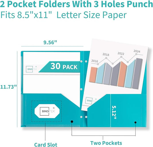 Binditek 30 Pack Heavyduty Plastic Folders with Clear Front Pockets, 2-Pocket Folders with Card Slot, 3 Hole Punched for Letter Size, for 3 Ring Binder, 6 Assorted Colors