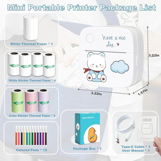 Mini Sticker Printer, Portable Thermal Inkless Sticker Maker with 8 Rolls Coloed Paper & 12 Pens, Wireless Thermarote Printers for Travel, Photos,Study Notes, Scrapbook, Journal, Memo (Blue)