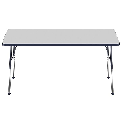 FDP Rectangle Activity School and Office Table (30 x 60 inch), Standard Legs with Ball Glides, Adjustable Height 19-30 inches - Gray Top and Navy Edge