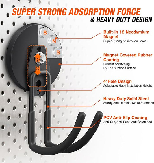 2 Pack Large Strong Magnetic Hooks for Hanging Heavy Duty, 3.5in Neodymium Magnet Storage Utility Hooks, Steel Long Magnetic Holder/Hanger Hook Organizer for Hanging Garage/Garden/Power Tools