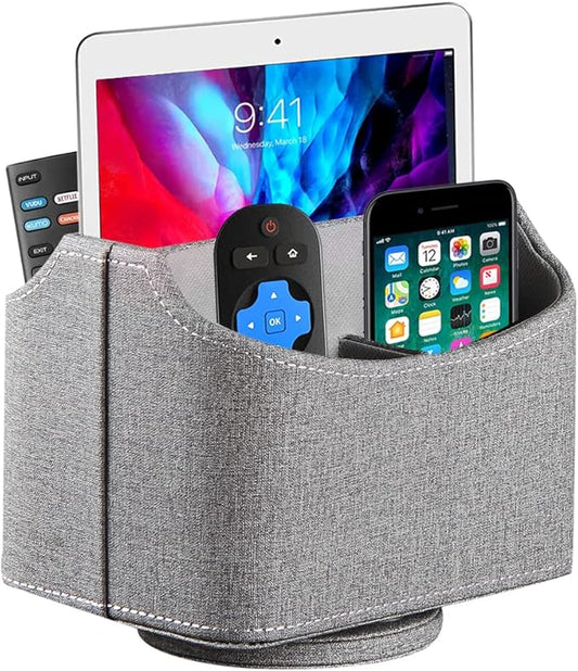 Fanousy 360° Rotating Remote Control Holder, PU Leather TV Remote Caddy Organizer Basket Storage Box with 5 Compartments for Pen, Pencil, Art Supplies, Makeup Brush, Office Desk Table Accessories
