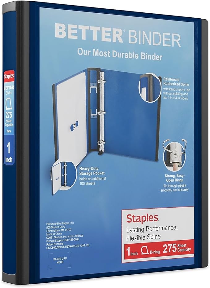 Staples Better 1-Inch D 3-Ring View Binder, Blue