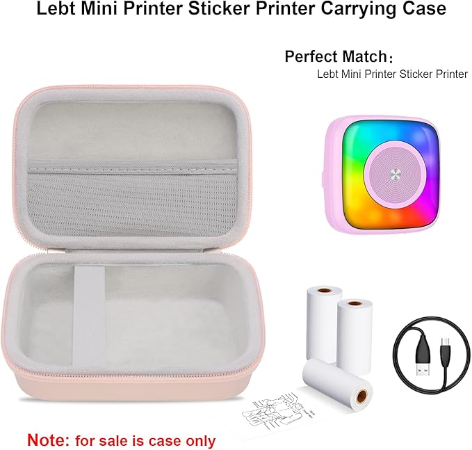 Elonbo Carrying Case for Lebt Mini Sticker Pocket Printer, Portable Thermal Label Printer Travel Bag, Label Maker Machine Storage Holder, Mesh Pocket Fits Label Paper Rolls Tape, Pink