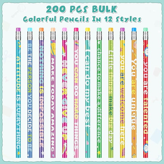 200 Pcs Motivational Pencils Bulk, Rainbow Inspirational School Pencils for Classroom, Cute Pencil with Encourage Positive Sayings, Back to School Supplies for Kids Student Teacher Classroom Reward
