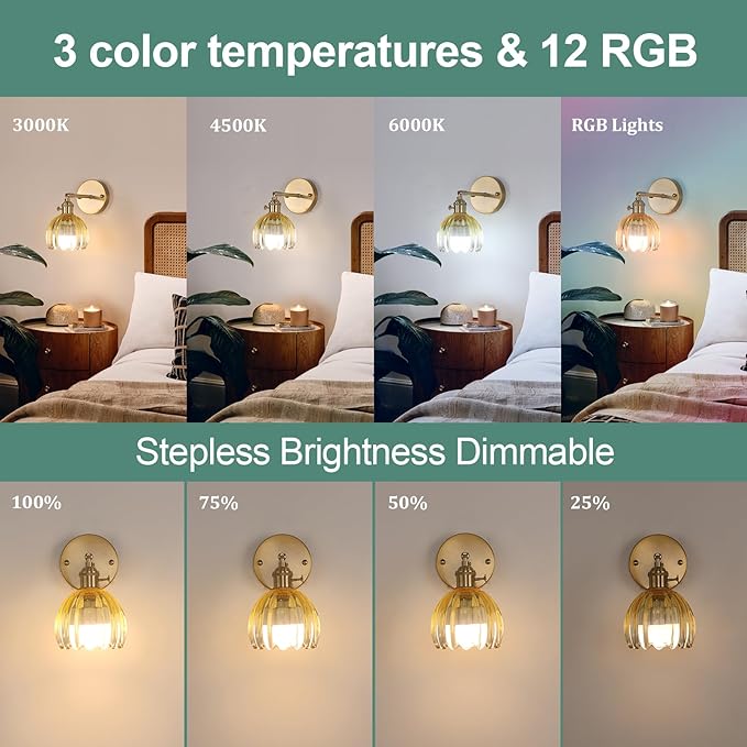 Vintage 5000 mAh Battery Operated Wall Sconce with Yellow Clear Tulip Gradient Glass Lampshade Rechargeable Battery Powered Wall Light with Remote Control for Bedroom, Set of 2