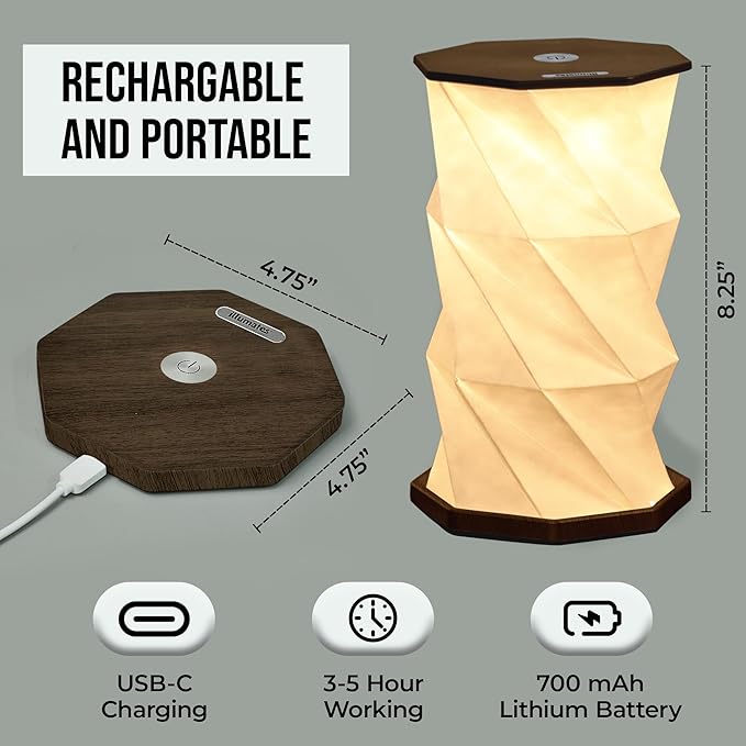 Foldable LED Desk Lamp – USB Rechargeable & Portable - Dimmable Touch Control Light with Adjustable Height up to 8.25" for Office, Travel, Bedside - Sleek & Modern Design (Wood Grain)