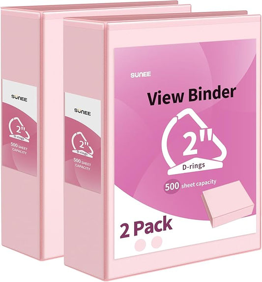SUNEE 3 Ring Binder 2 Inch, Clear View Binder Three Ring PVC-Free (Fit 8.5x11 Inches) for School or Office Supplies, Pink, 2 Pack